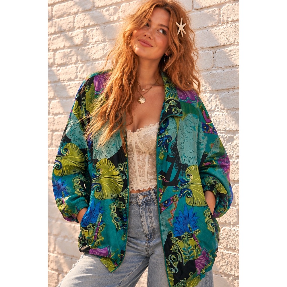 Vintage EVR Teal Silk Mermaid Print Sea Shell Bomber Jacket Baroque 1X